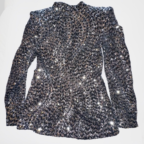 Zara Black Silver Gunmetal Metallic Sequin Blazer Size S Trinny Woodall - Picture 6 of 13